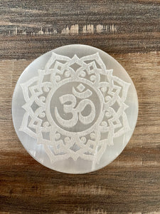 Selenite Engraved Charging Plate Lotus with Om
